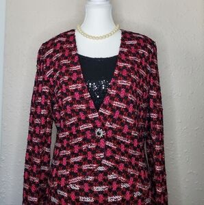 St. John Red, Black & Pink Tweed Knit Skirt Suit